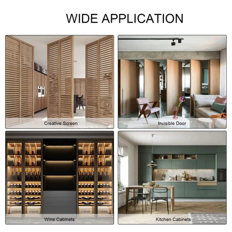 Image showing applications of 75mm 360 Degree Hidden Door Pivot Hinge Set in cabinets, doors, screens, and cupboards.