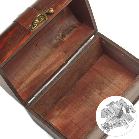 Open wooden chest with 20 Piece Mini Hinge Set For DIY Projects And Handmade Crafts Small Iron Hinges shown in circle inset.