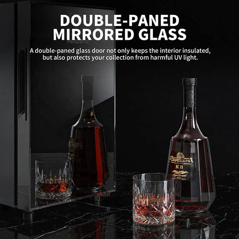 48L Electric Cigar Humidor Cabinet with mirrored glass door and bottles on display, showing cooling and heating temperature control feature.