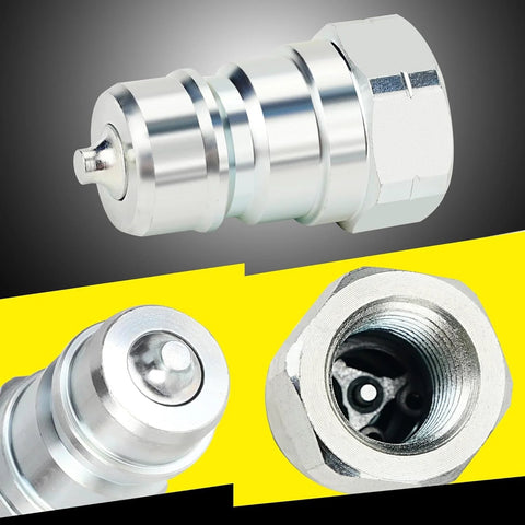 ANCIMOON 3/8 in hydraulic quick-connect coupler with dust cap, silver chrome finish, shown from front and side views.