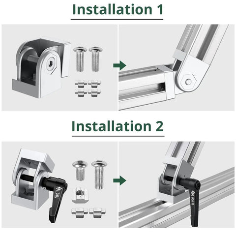 Installation of 2 Pcs Die Cast Zinc Alloy Pivot Joint Connectors For 3030 Aluminum Extrusion Profiles 180 Degree Adjustable Corner Brackets With Lever And Mounting Accessories