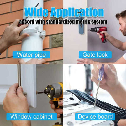Various uses of Huge 900 Piece Stainless Steel Nuts And Bolts Set With Metric M3 M4 M5 M6 for water pipe, gate lock, window cabinet, device board.