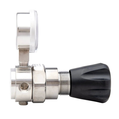Side view of Workhorse High Purity Stainless Steel Gas Regulator For Nitrogen Helium Argon Carbon Dioxide Hydrogen Oxygen 0 to 250 PSIG