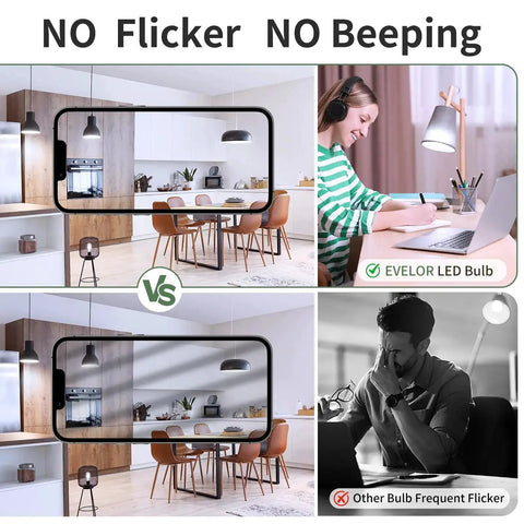 Comparison of NO Flicker NO Beeping with Six Pack A19 LED Light Bulbs With E26 Base 60 Watt Equivalent Daylight 5000K 9 Watts