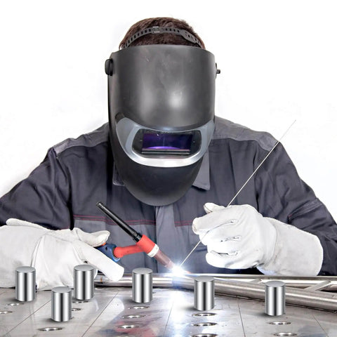 Ten Pack Welding Table Fixture Pins Five Eighths Inch By One Inch By One And A Half Inch Stop Alignment Square For Quick Setup Fixturing Kit And Essential Welding Table Accessories being used in welding setup.
