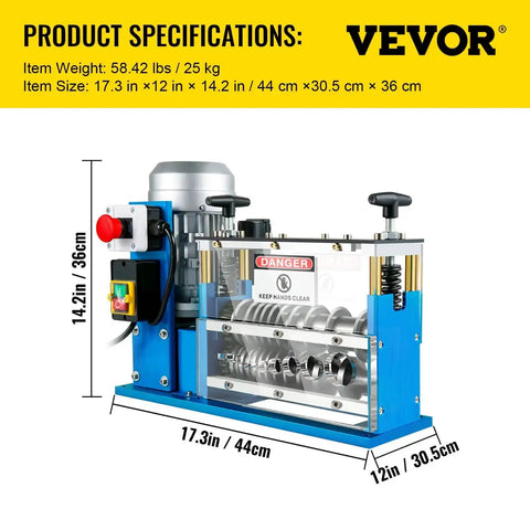 Automatic Wire Stripping Machine With 370W Motor Delivers Fast Copper Cable Stripping From 0.06 Inch To 1.5 Inch Up To 98 Feet Per Minute 11 Channels 10 Blades Ideal For Scrap Recycling And Save You Time On Cable Prep, showing side view with dimensions and controls visible.