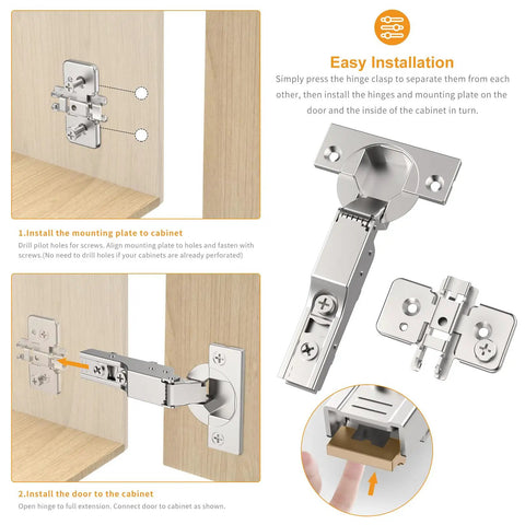 60 Pack Frameless Half Overlay Soft Close Concealed Cabinet Hinges Satin Nickel Clip On Self Closing 105 Degree Open Angle with 85 to 105 Degree Stop, 3D Adjustment, Stainless Steel for Cabinet Doors showing installation process on wood cabinet