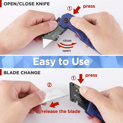 Demonstration of Folding Utility Knife With Quick Change Blades Aluminum Handle Box Cutter showing blade opening and blade change process.