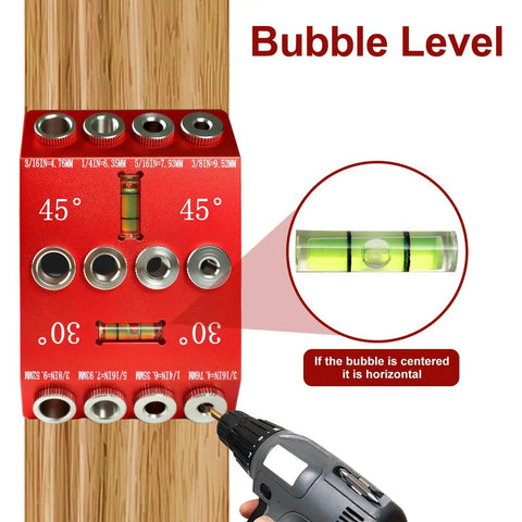 Multi Angle Drill Guide Jig With 30 45 90 Degree Options, Bubble Level, shown with drill on wooden post for angled holes