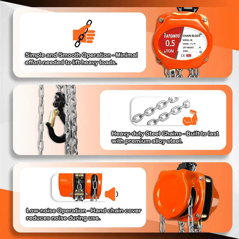 Half Ton Portable Hand Chain Hoist 1100 Lbs Lift Up To 10 Feet Durable Steel with heavy-duty chains and orange casing