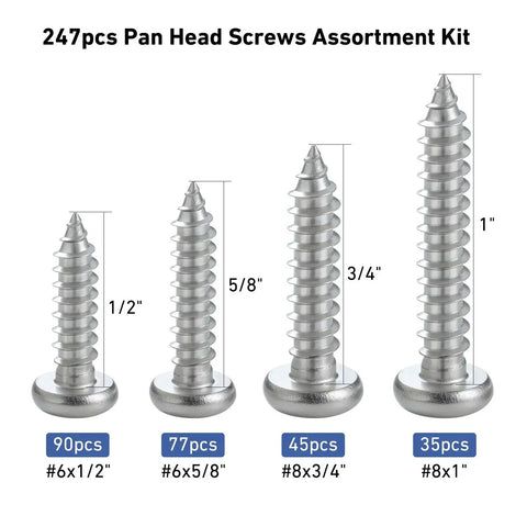 247 Piece Pan Head Wood Screw Set For Home DIY Projects, Stainless Steel 304 Self Tapping Screws, Phillips Drive, various sizes shown