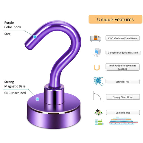 Heavy Duty Magnetic Hooks 30 Pound Capacity Pack Of 10 Purple NdFeB Hangers With CNC Steel Base for refrigerator use, feature highlights.