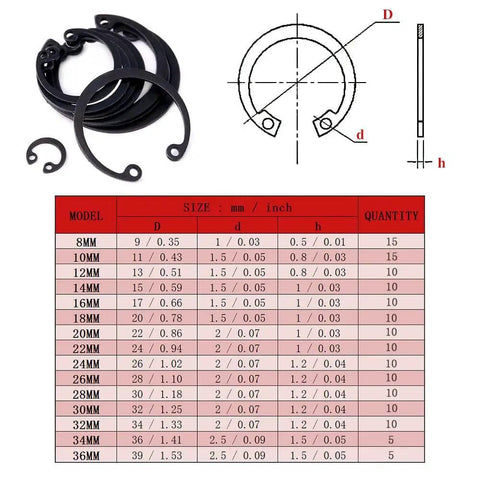 Pro Grade Internal Snap Ring Kit Set 150 Piece Alloy Steel Retaining Clip Ring Assortment In 15 Sizes From 8mm To 36mm chart and sample rings