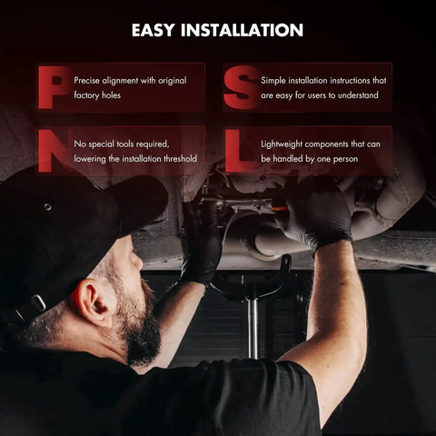 12-piece ASTOU front suspension kit installation under a car; mechanic wearing a black shirt and gloves.