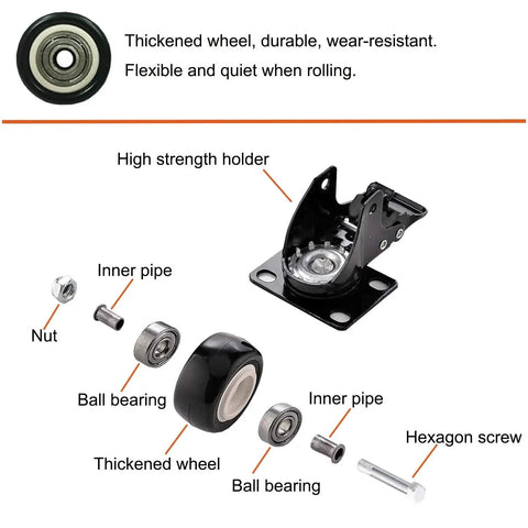 Components of 2 Inch Caster Wheels Set Of 4 With 360 Degree Swivel And Brakes Lockable Bearing Plate Casters Non Marking Polyurethane Wheels
