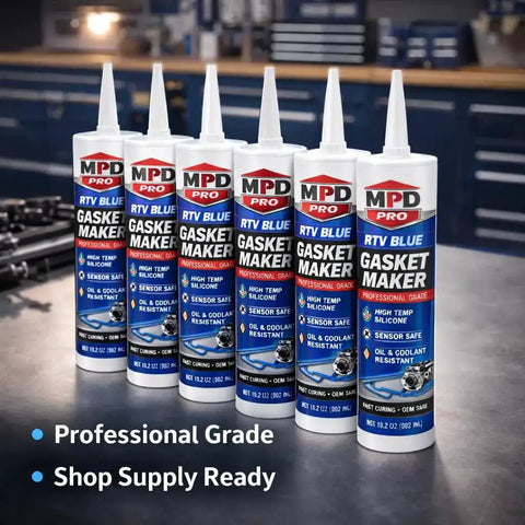 Five bottles of Blue High Temp RTV Gasket Maker Sealant For Valve Covers And Oil Pans, Sensor Safe And Oil Or Coolant Resistant, Perfect For Water Pumps And Rigid Flange Assemblies, 2 Pack Engine Bay Ready No Fuss And Stays Flexible In Heat And Vibration displayed on a workshop table.
