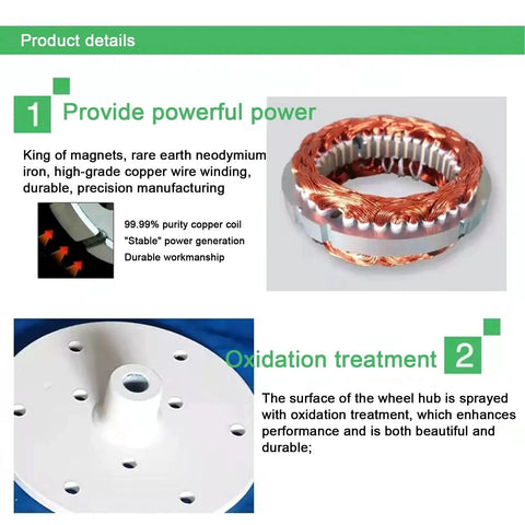 Front view of wind turbine generator components: copper stator coil and oxidized wheel hub (2 items)