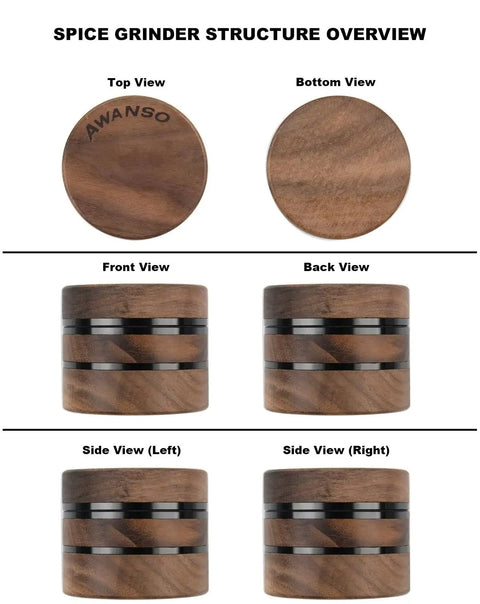 Walnut Wood 2.5 Inch 3 Piece Spice Grinder With Aluminum Chamber Magnetic Lid Raised Storage Base No Screen Easy To Clean