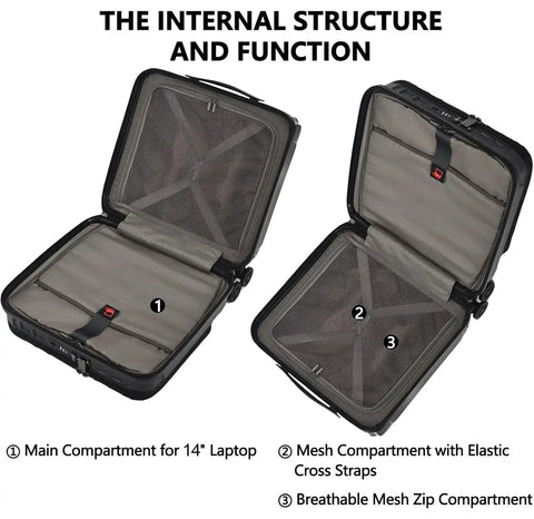 Open interior view of lightweight 16-inch carry-on luggage with dual laptop compartments, elastic cross straps, and mesh zip section.