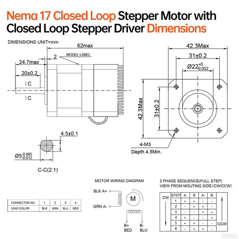 Technical diagram of Nema 17 Closed Loop Stepper Motor With Integrated Driver, dimensions and wiring for 3D printers, DIY robots.
