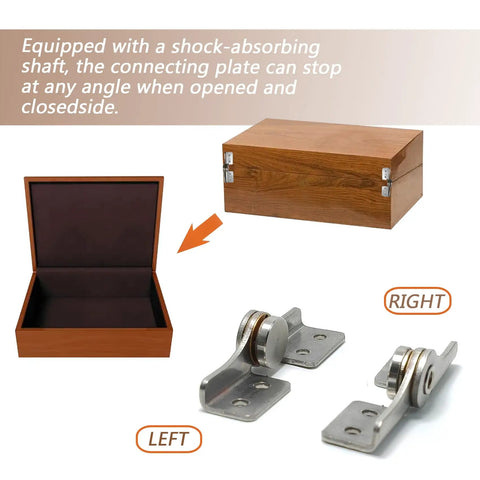 Adjustable Torque Hinge 2.0 N.M With Damping For Doors Windows Cabinets And Folding Tables Smooth 90 Degree Stop At Will Swivel Hinge Stainless Steel Includes Screws Pair Silver with a wooden box in background.