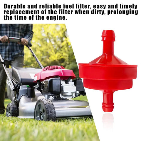 4 Pack Inline Gas Fuel Filter for Lawn Mowers, 1/4 Inch, 150 Micron, shown next to a lawn mower, durable plastic steel construction
