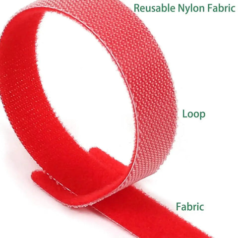 Close-up of red 8 inch nylon fabric fastening strap, part of the 102 Piece Reusable Hook And Loop Cable Ties Set for organization.