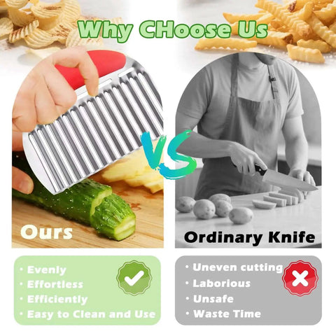 Crinkle Cut Potato Cutter and Veggie Slicer with Stainless Steel Blade for French Fries and Chips, ergonomic grip demo.