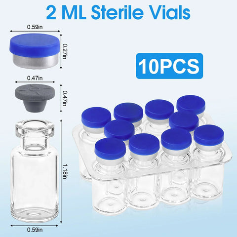 2 ml sterile glass vials with blue plastic-aluminum flip caps, 10-pack on rack (Amazon BISS)