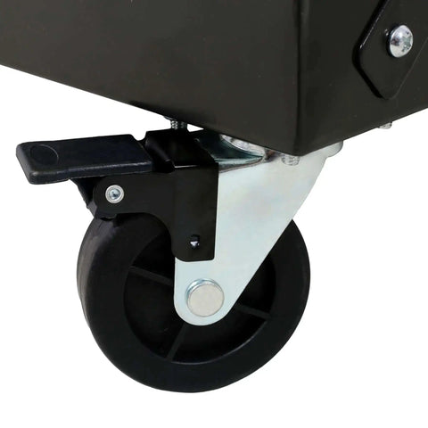 Close-up of caster on 6-Tier Dual-Sided Rolling Bin Rack with Heavy Duty Steel Construction and Easy Mobile Storage