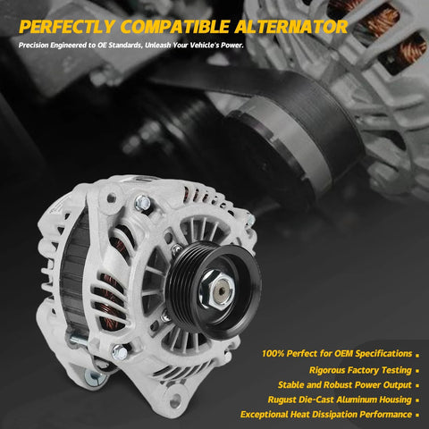 High-Output 110 Amp 12V Alternator Replacement for Nissan 350Z 3.5L VQ35DE Z33 2003-2006, visible with aluminum housing
