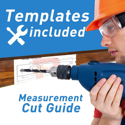 Worker using a drill on a wood board with template and measurement guide visible, wearing safety gear and orange helmet.