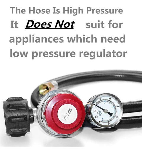 Adjustable Propane Regulator And 4 Foot Hose With Gauge 0 To 30 PSI High Pressure Output by Dozyant, close-up view