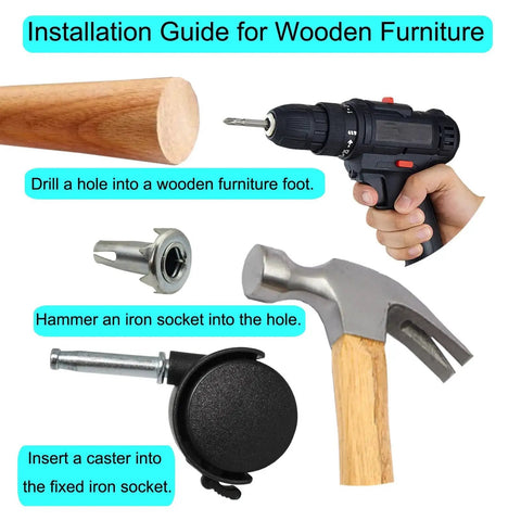Installation guide with drill, hammer, iron socket, and 4 Pack M8 Grip Neck Stem Caster Wheels 1.5 Inch Swivel Castors With Locking Brakes