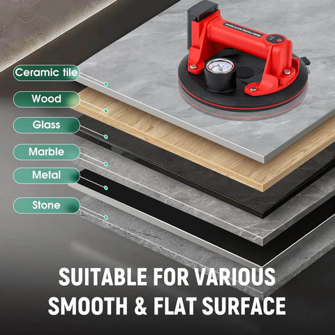 Beefy 8 Inch Electric Vacuum Suction Cup Lifter 2 Pack With 440 Lb Capacity shown on various smooth surfaces