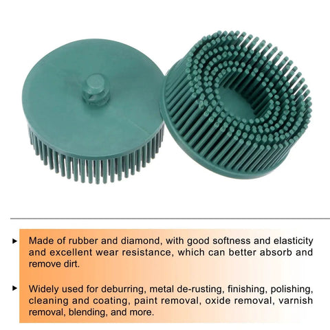 4 Pack 2 Inch 50 Grit Bristle Disc Brushes For Deburring And Coating Removal On Metal With Quick Change Roll Lock System Green Harfington Pro Grade Heavy Duty Rubber And Diamond Construction, side view.