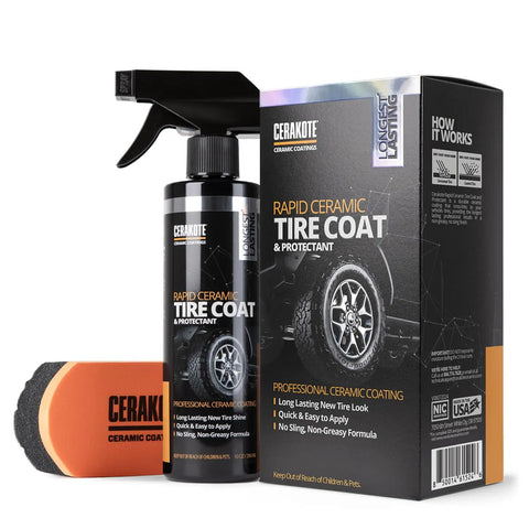 Showroom Shine Tire Coat That Delivers Deep Black Finish And Up To 10x Longer Wear Cerakote Rapid Ceramic Tire Coat in spray bottle with applicator sponge.