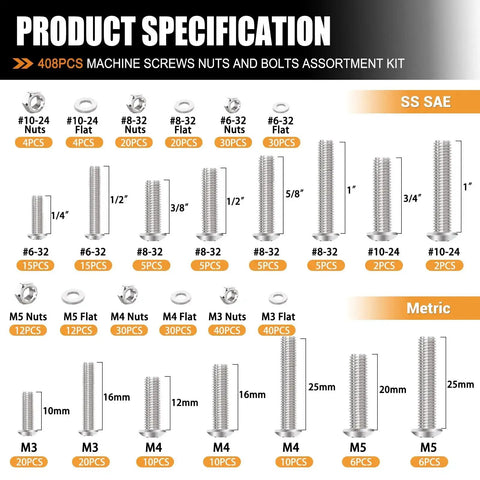 Pro Grade Stainless Steel Machine Screws Nuts And Bolts Kit 408 Piece Set Built For DIYers And Pro Projects With Sizes 6 32 8 32 10 24 And Metric M3 M4 M5 Phillips Pan Head And Cross Slotted Round Head Fasteners product specification chart showing different screw sizes and quantities.