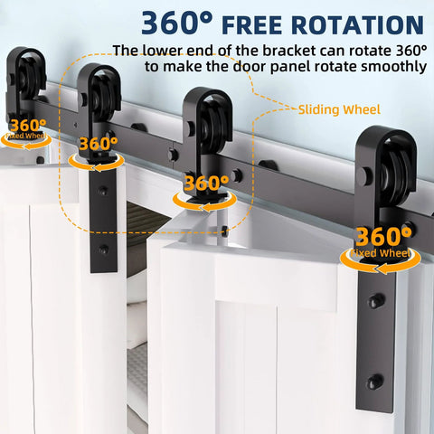 72 Inch Bi Fold Barn Door Hardware Kit For Four Bifold Doors Beefy Heavy Duty Black Steel Sliding Track System With Quiet Operation Easy Assembly 400 Lb Capacity Built Tough For Any Home No Door Included showing sliding track and wheels with 360-degree rotation feature.