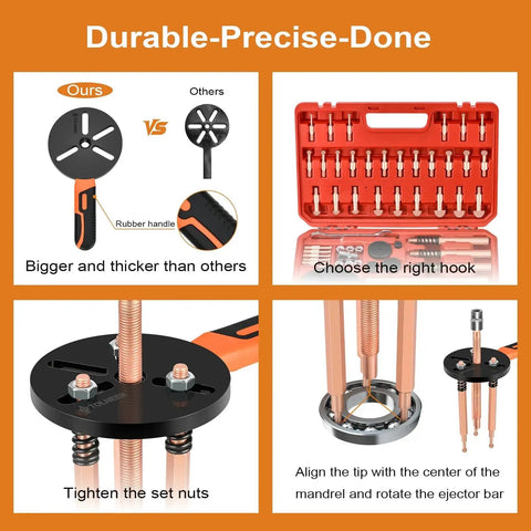 33-In-1 Bearing Puller Kit with durable non-slip handle, tool set in portable case, and usage instructions for precise alignment and tightening.