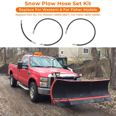 Snow plow hose set kit, two black hydraulic hoses (1/4x42 & 1/4x16), heavy-duty, cold resistant, with red plow truck.