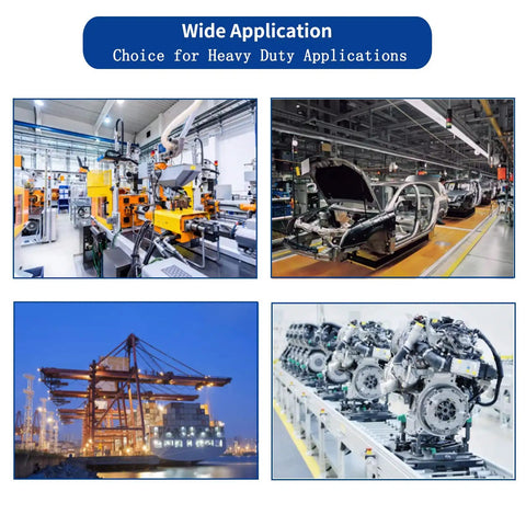 Collage of industrial settings, machinery, automotive assembly line, port with cranes emphasizing heavy-duty applications.