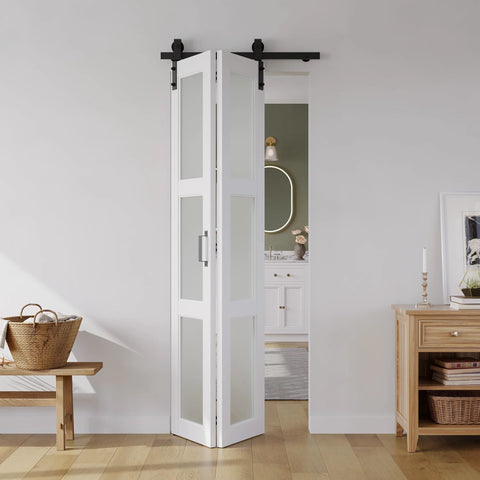 Space Saving Bifold Barn Door 28 Inch by 84 Inch Frosted Glass With Hardware Kit Included White PVC Surface Installed in Living Room