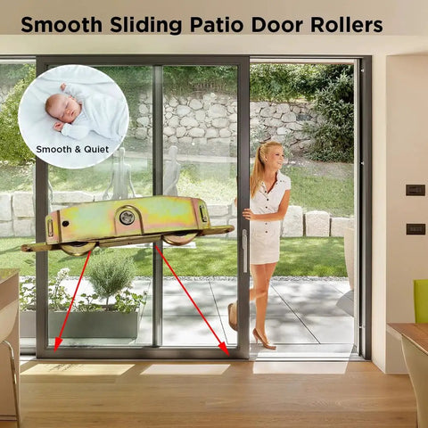 Heavy Duty Sliding Patio Door Rollers Replacement Kit With 1-1/4 Inch Side Adjustable Glass Door Wheels And Steel Ball Bearing Rollers installed on aluminum framed door showcasing smooth glide feature with a person sliding the door open.