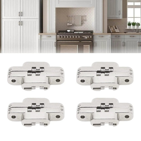Mini Zinc Alloy Cross Hidden Door Hinge Set Four Pack 180 Degree Full Swing Invisible Hinges For Jewelry Box Cabinet Folding Door Sturdy Concealed Hardware For DIY Projects.