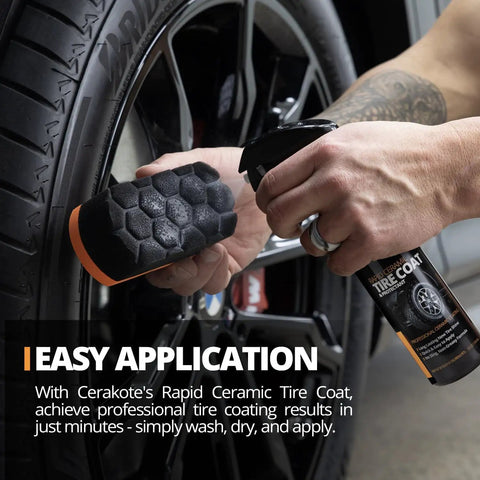 Close-up of Showroom Shine Tire Coat That Delivers Deep Black Finish And Up To 10x Longer Wear Cerakote Rapid Ceramic Tire Coat being applied to a tire.