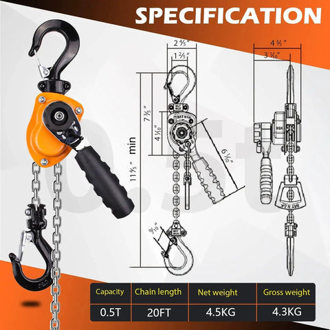 Diagram and image of 0.5 Ton Mini Lever Block Chain Hoist With G80 Chain And Hook 6M Lift showing specifications.