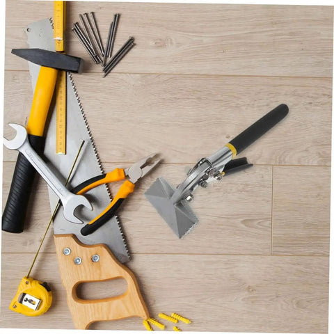 Pro Grade Manual Metal Bender Tool with seaming pliers on wooden surface, surrounded by various tools, including a saw and wrench.
