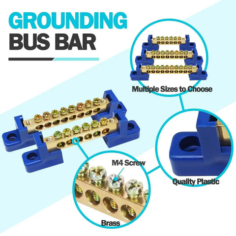 Six Piece Grounding Bus Bar Kit With Six, Eight And Ten Position Brass Terminal Blocks and M4 Screws on insulating base