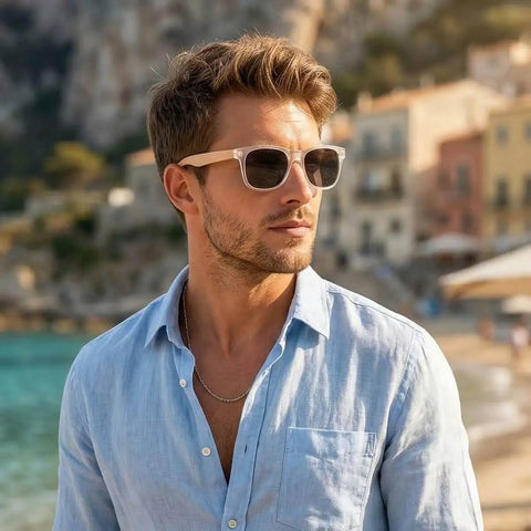 Man wearing Unisex Wooden Polarized Sunglasses With Maple Wood Temples, White And Maple Color, Dope Standout Fashion Frame For Men And Women